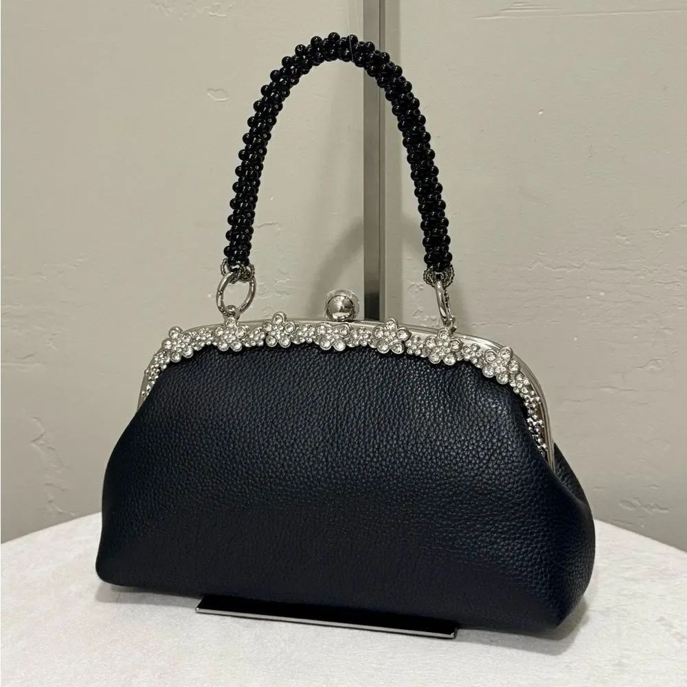 Black Genuine Togo Calfskin Handmade Push-lock Clutch/Wristlet/Evening Bag
